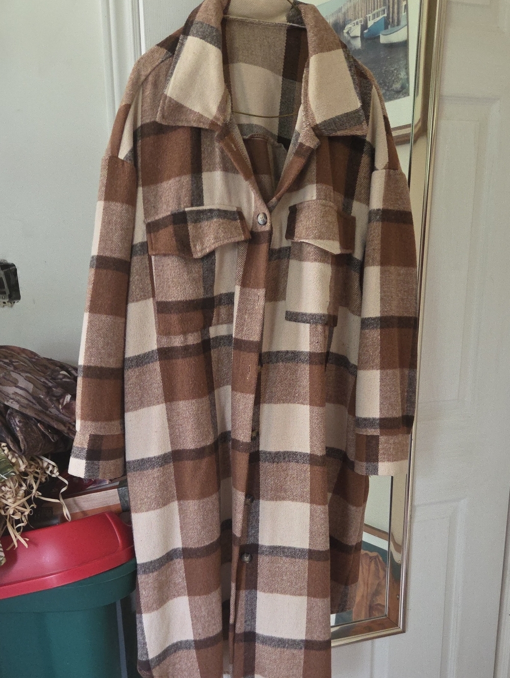 SHEIN Brown & Cream Plaid Long Pea Coat